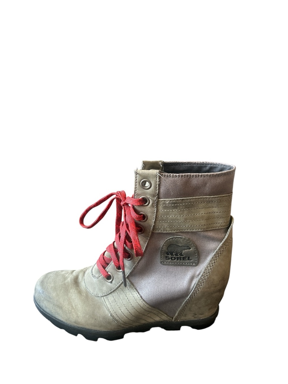 Sorel Lexie Wedge Women's Grey Lace-Up Ankle Boot with Red Laces